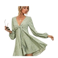 SHEIN Sage Green White Petal Print Tie Front V-Neck Balloon Sleeve Mini Dress L