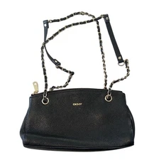 DKNY WOMENs BLACK LEATHER SHOLDER BAG 2CHAIN & LEATHER STRAP VERY GOOD CONDITION