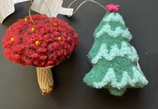 Wondershop Fabric Mushroom & Christmas Tree Ornaments 2 New w/Tags Yarn