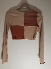 Shein Womens Colorblock Crop Long Sleeve Top Tan/Brown Size 4 New in Bag