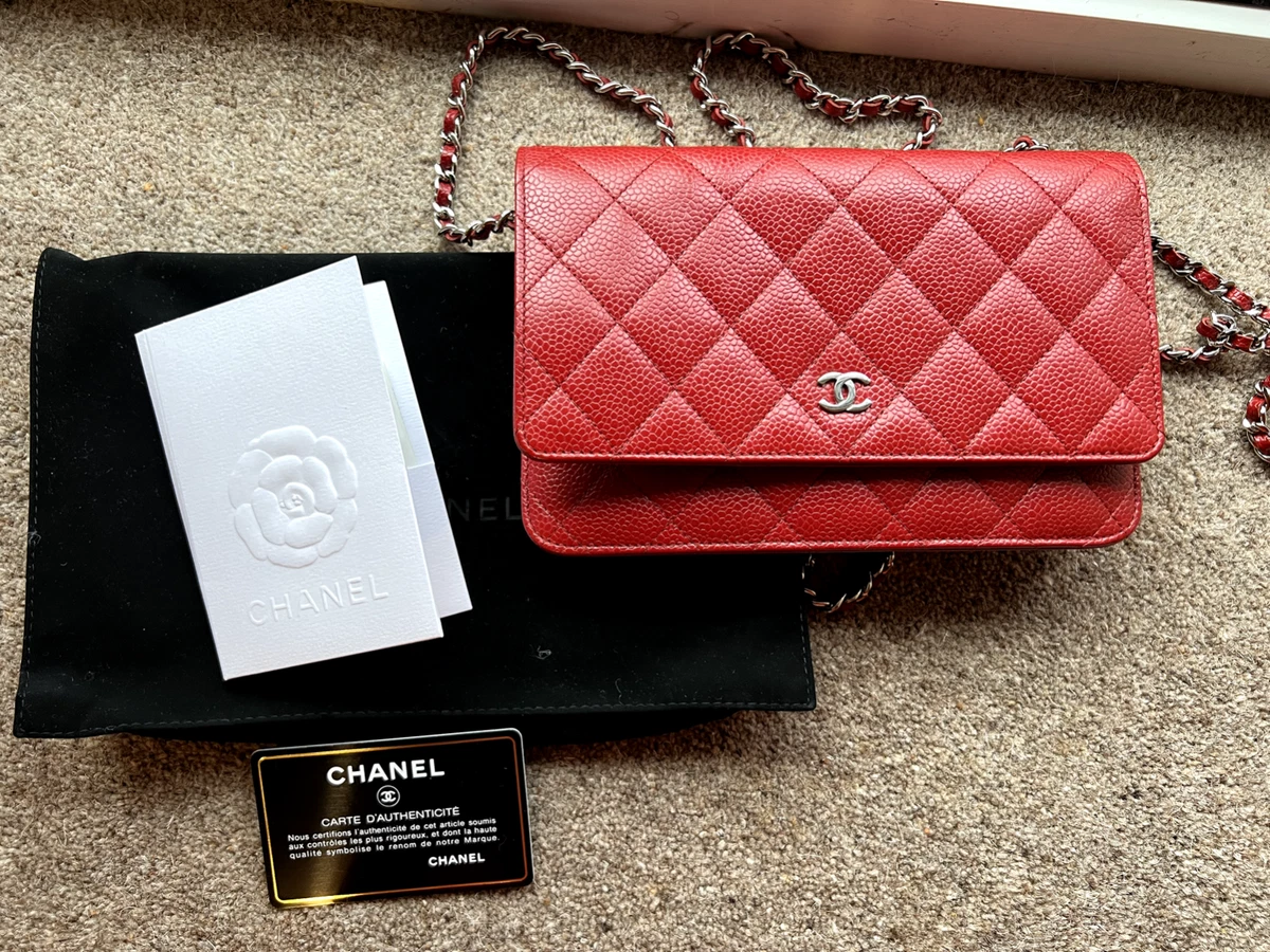 Preowned Authentic Chanel Quilted 2015 Red Caviar Wallet on Chain