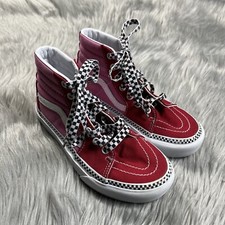 Vans Girls Size 2 Red Pink Black White Checkered Sk8 Hi Shoes