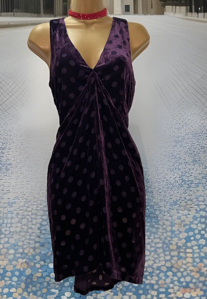 purple velvet polka dot dress Velvet Purple Spotty Dress Biba Purple Sheer Polka Dots Velvet Cocktail Party Dress Ruched V