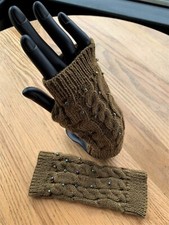 Brown Cableknit Fingerless Gloves with Glass Beading Detail