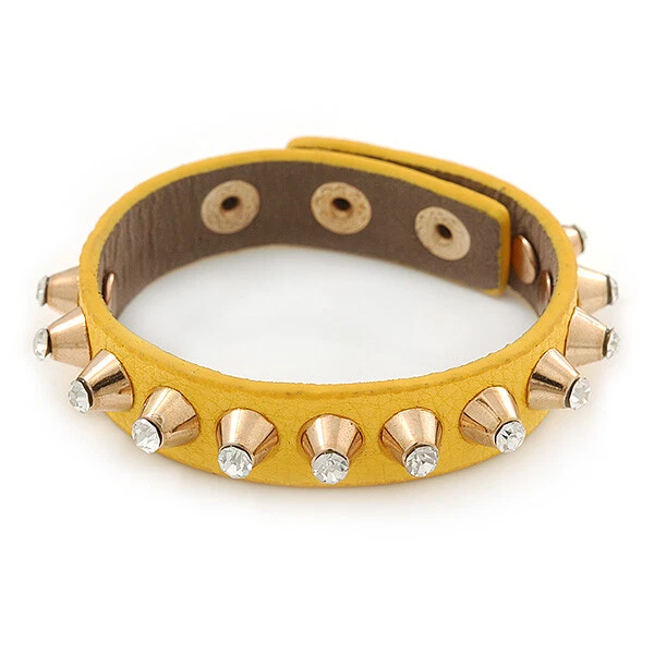 Crystal Studded Yellow Faux Leather Strap Bracelet Gold Tone Adjustable up