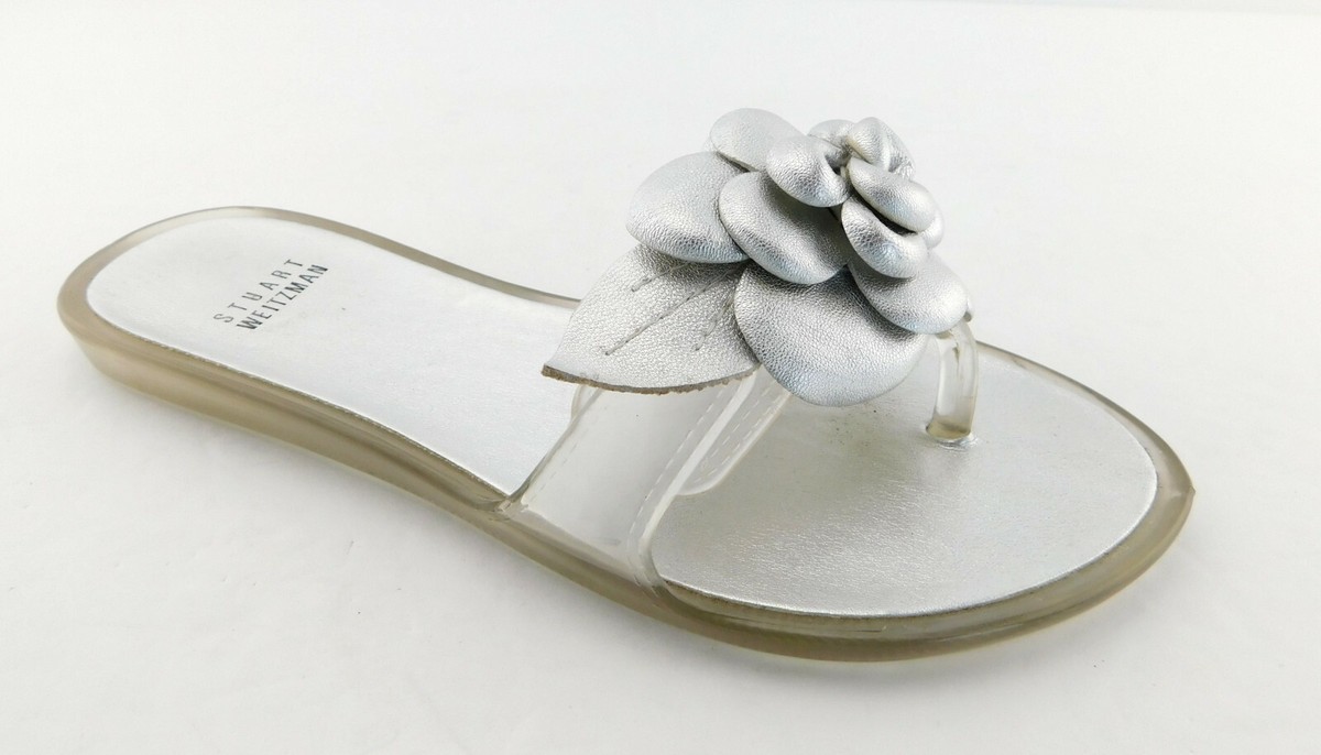 STUART WEITZMAN Size 6 BLOOM Silver Flower Slide Jelly