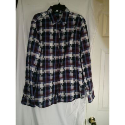 Perry Ellis Modern Geometric Plaid Button-Down Shirt Long Sleeve Dress Shirt XLT