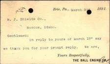 1891 Erie Pennsylvania (PA) Postcard The Ball Engine Co