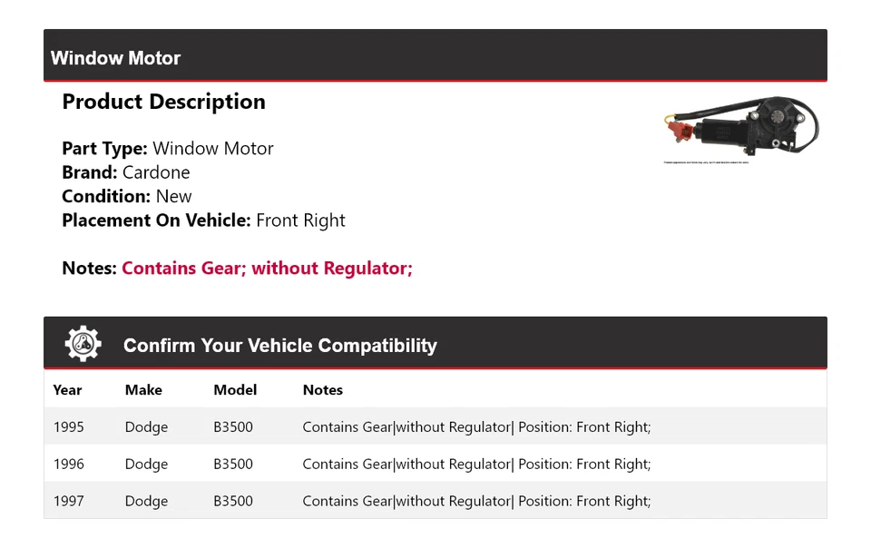 Motor de ventana delantero derecho Cardone 1996 para Dodge B3500 1995-1997 Foto 2 de 4