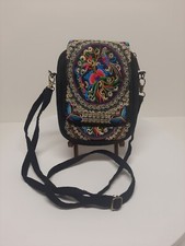 Mini Hipster Crossbody Purse Embroidered Black Multicolor Detachable Strap D19