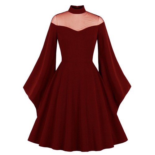 Women's Mesh Bell Sleeves Halloween Gothic Vintage Dress Long Sleeve Swing Dress - Picture 20 of 28