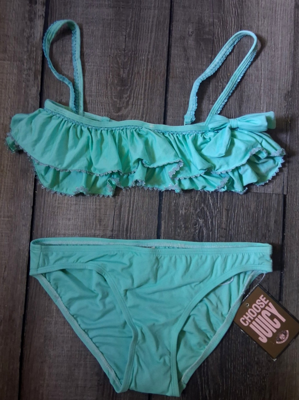 Traje de baño bikini Y2K Juicy Couture UW con volantes sin tirantes pequeño ¡Raro!