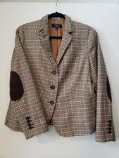 Talbots Academia Plaid Blazer 14P Elbow Patch Wool Equestrian English Country E