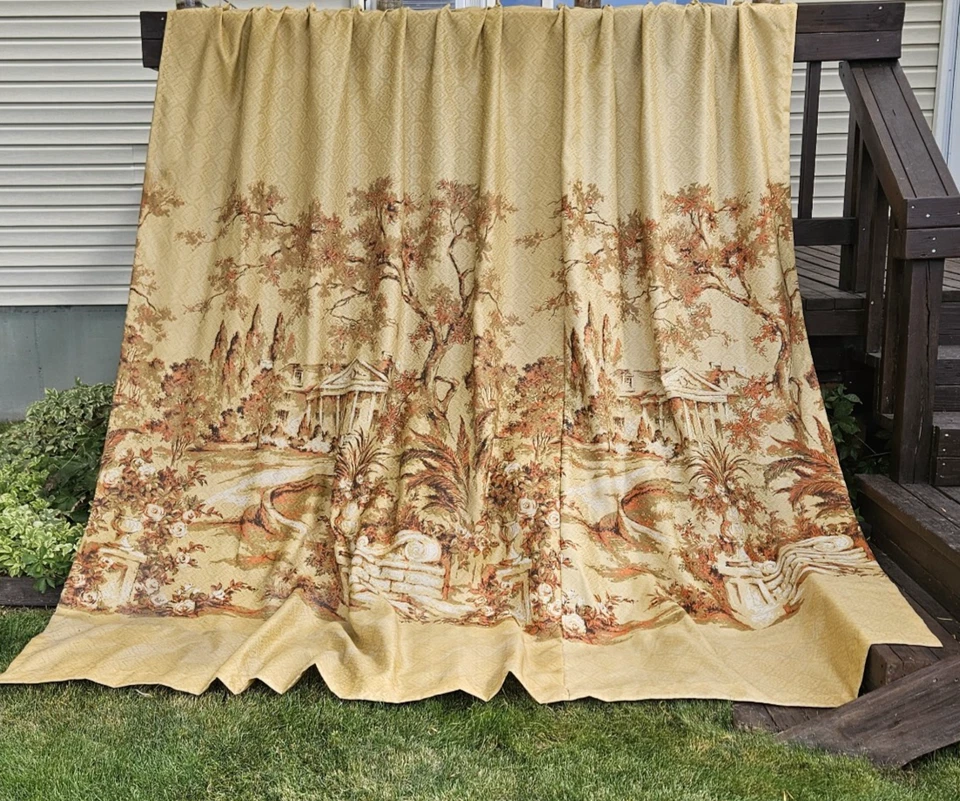 2 cortinas plissadas neoclássicas vintage anos 60 Toile de Jouy cena mansão 106x112" - Imagem 3 de 4