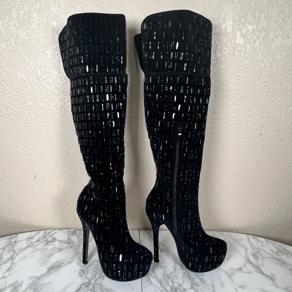 Jeweled Sequin Over The Knee Boots Stiletto Hidden Platform Size 8 Shiekh - Image 2 of 4