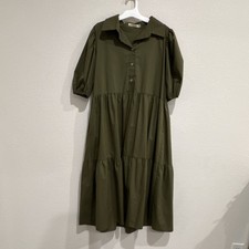 Olive Green Woven Cotton Tiered Puff Sleeve Collared Midi Shirt Dress 46