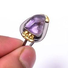 Natural Purple Amethyst - Black And Gold Plated 925 Sterling Silver Ring s.8 R63