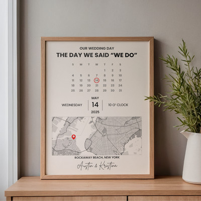 Wedding Day Unframed Anniversary Custom Map with Calendar Newlyweds Gift