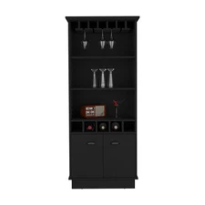 70-Inch Black Bar Cabinet with Glass Doors, 5 Cubbies & 3 Shelves for