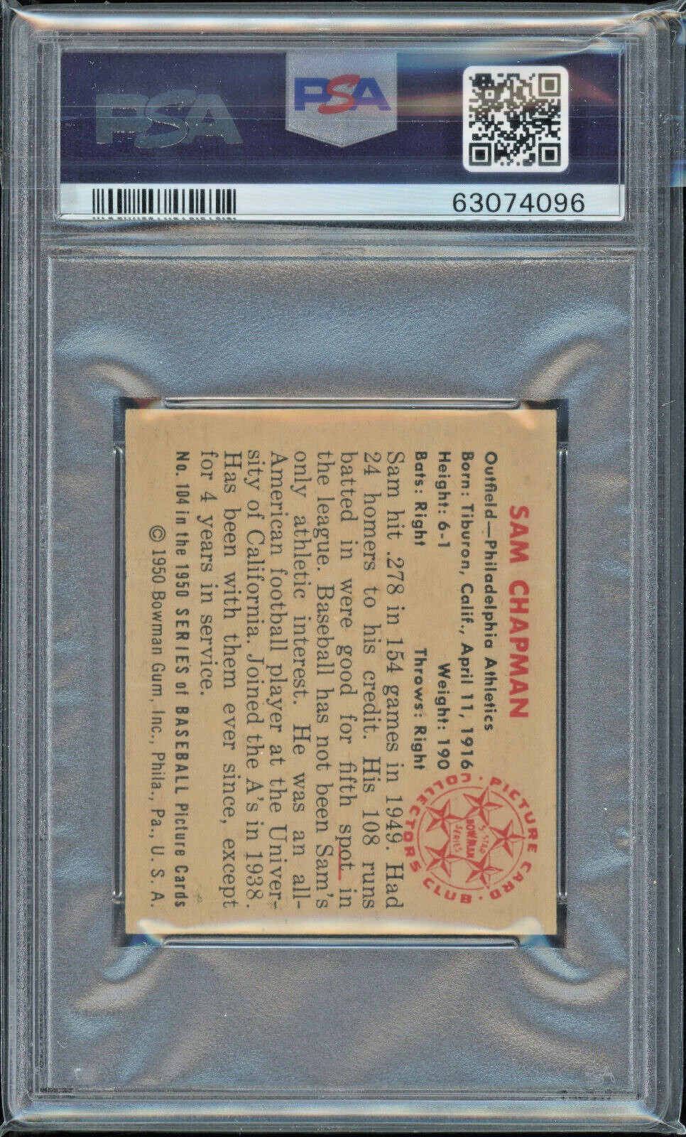 1950 Bowman 104 Sam Chapman Philadelphia Athletics PSA 6 Vintage Baseball Card view 3