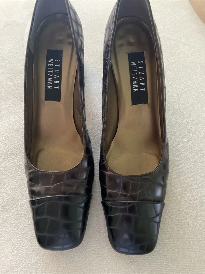 Stuart Weitzman Two Tone Croc Embossed Leather Pumps Size 8.5 AA Brown Black - Image 2 of 4
