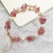 Natural 5-8mm Strawberry Quartz Chip Bracelet White Pearl Beads Bangle Reiki