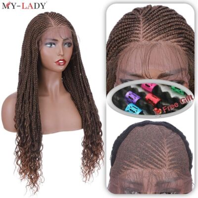 Synthetic 28'' Cornrow Braids Lace Wigs Curly Ends Box Braided Lace Front Wig
