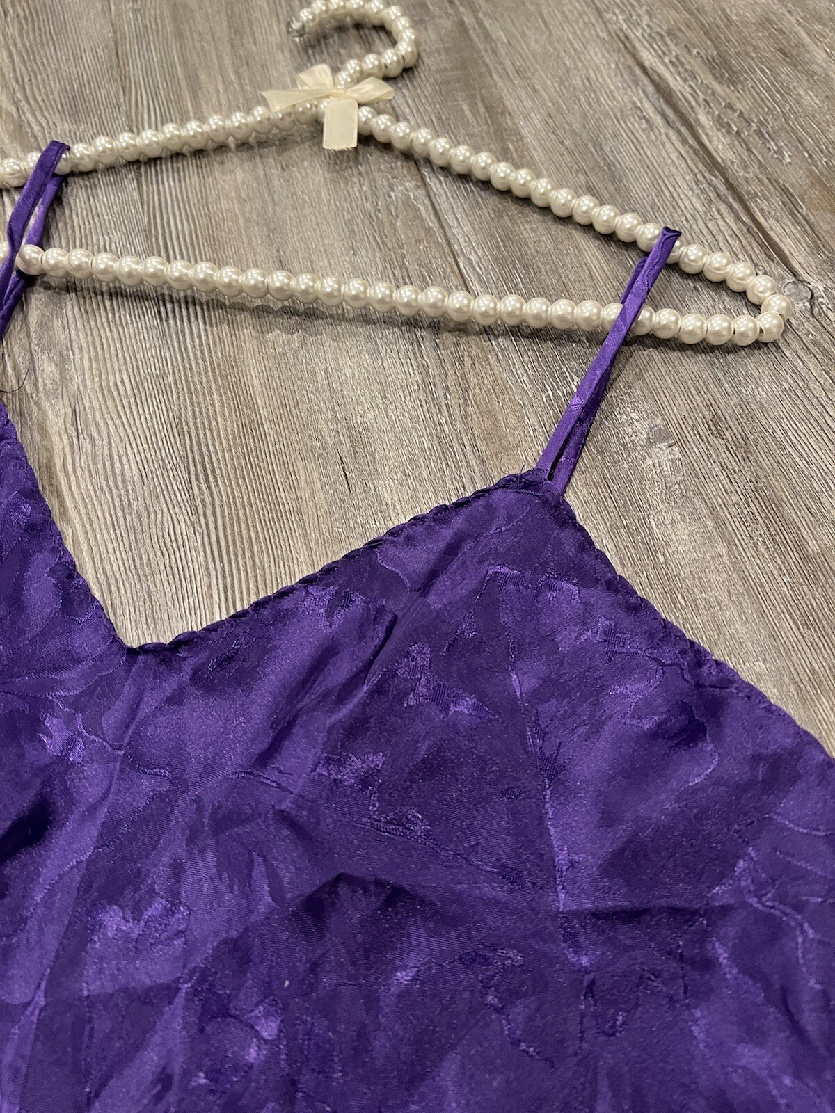 VTG Made In USA Woman’s Purple Floral Silky Satin Waved Trimmed Cami Lingerie L