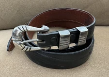 Vintage Old Western Unbranded Sterling Silver 3 Pc Ranger Belt Buckle Set & Belt