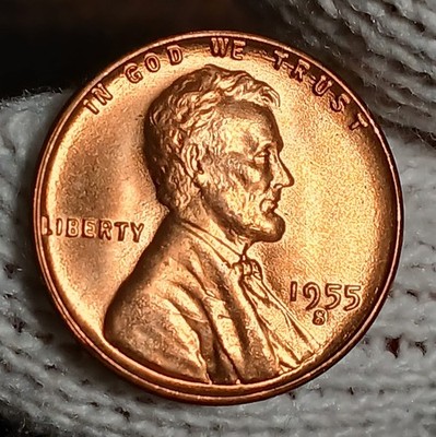 1955-S Gem Red BU US Lincoln Wheat Cent Penny From OBW Rolls