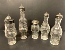 5 Matching VICTORIAN Castor Cruet Stand BOTTLES Etch Antique Silver Plated