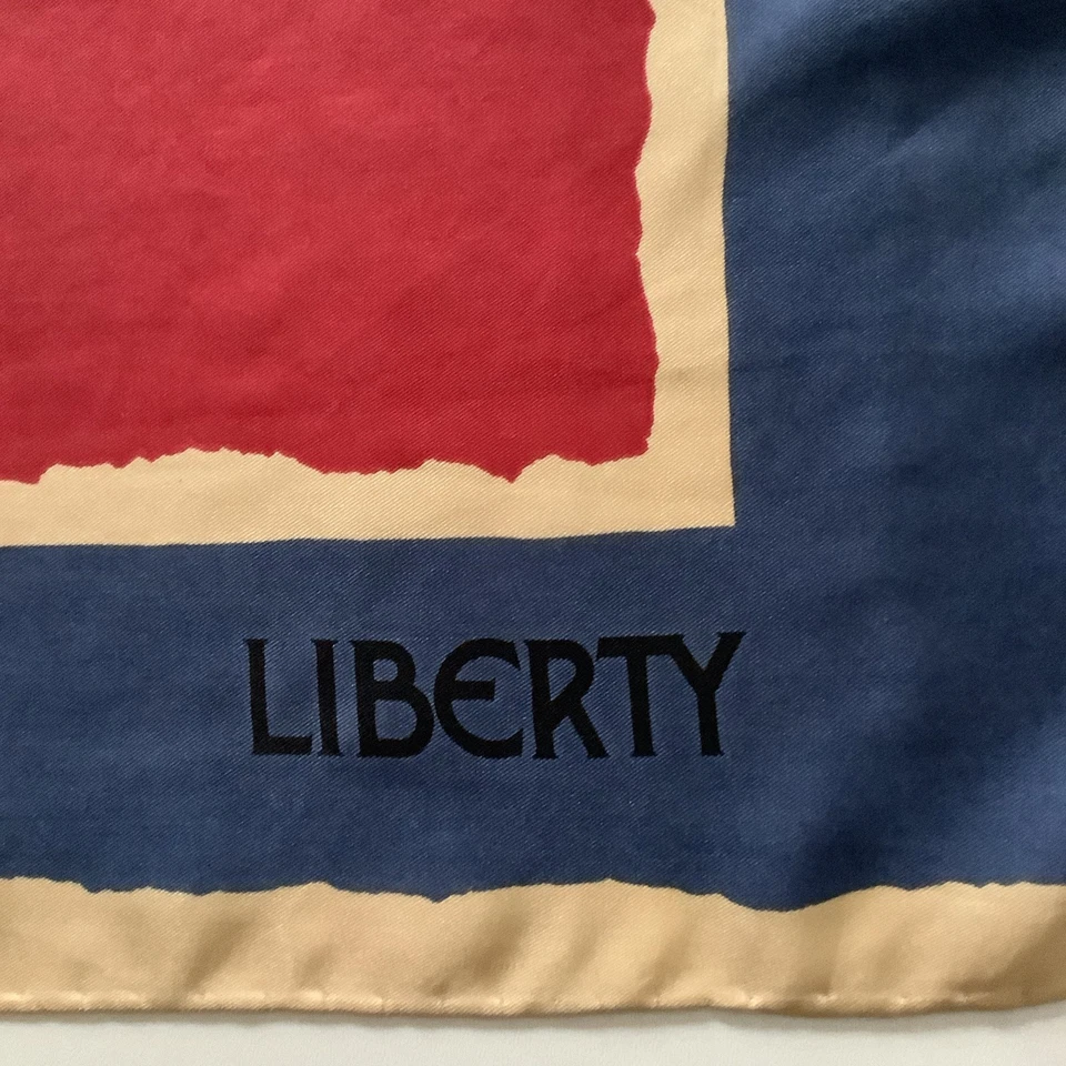 B1 A Hand Stitched Blue Red & Beige 26 Inch Vintage 100% Silk Scarf by Liberty  - Image 2 of 4