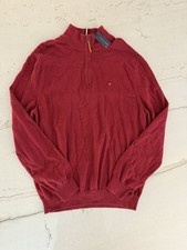 Tommy Hilfiger Men XL Quarter Zip Sweater Red Cotton Pullover Mock Neck Flag