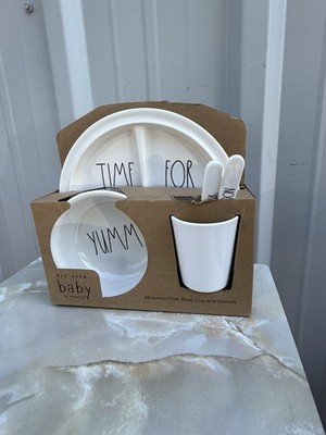 Rae Dunn Baby 5pc Gift Set Utensils Yummy Sip Time For Snacks New