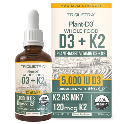 Organic Plant D3 + K2 (5000 iu D3) - All-Trans MK7 from MenaQ7 (120 mcg K2) -...
