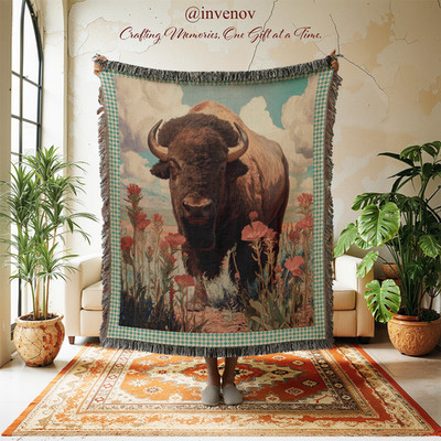 Bison Woven Blanket, Buffalo Wildflower Wall Tapestry, Rustic Western Decor