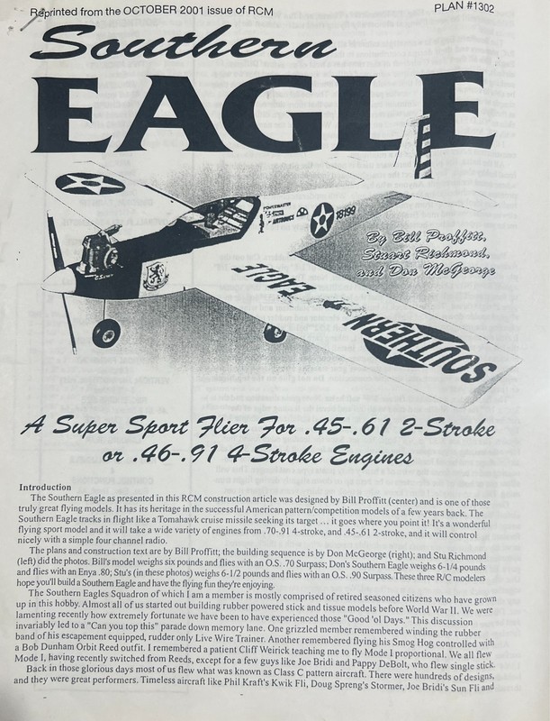 SOUTHERN  EAGLE  LAZER CUT PARTIAL KIT BALSA-PLY   62 IN. NEW  RCM PLANS  #1302