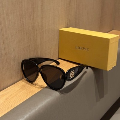 Loewe Oval Sunglasses Black Acetate Frame Gold Anagram Logo Dark Lens
