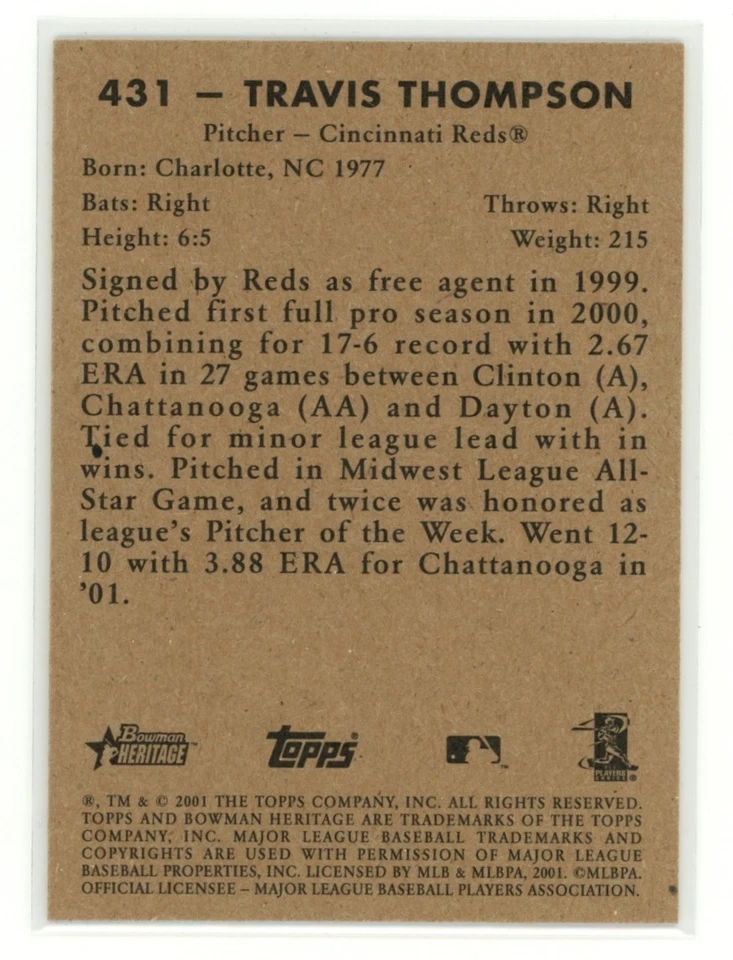 TRAVIS THOMPSON 2001 Bowman Heritage SP #431 - Image 2 of 2