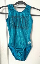 GK Elite Gymnastics Leotard Turquoise Foil Rhinestones Size AS