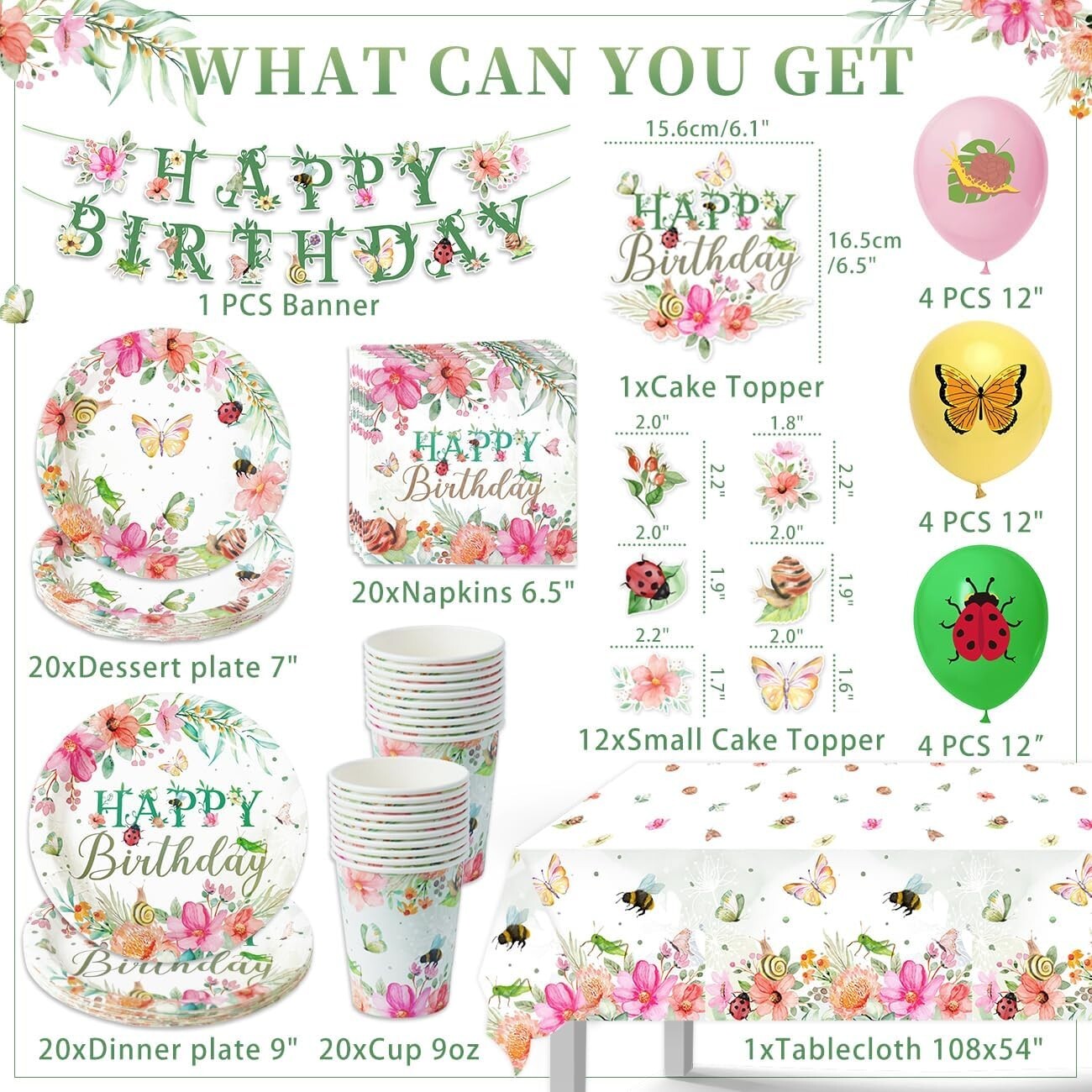 Floral Birthday Party Disposable Tableware & Decorations Set - Multicolor