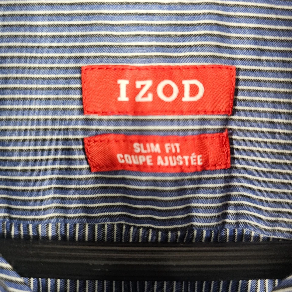 IZOD Mens Dress Shirt Long Sleeve Slim Fit Button Up Cotton Striped Blue White M - Image 3 of 4