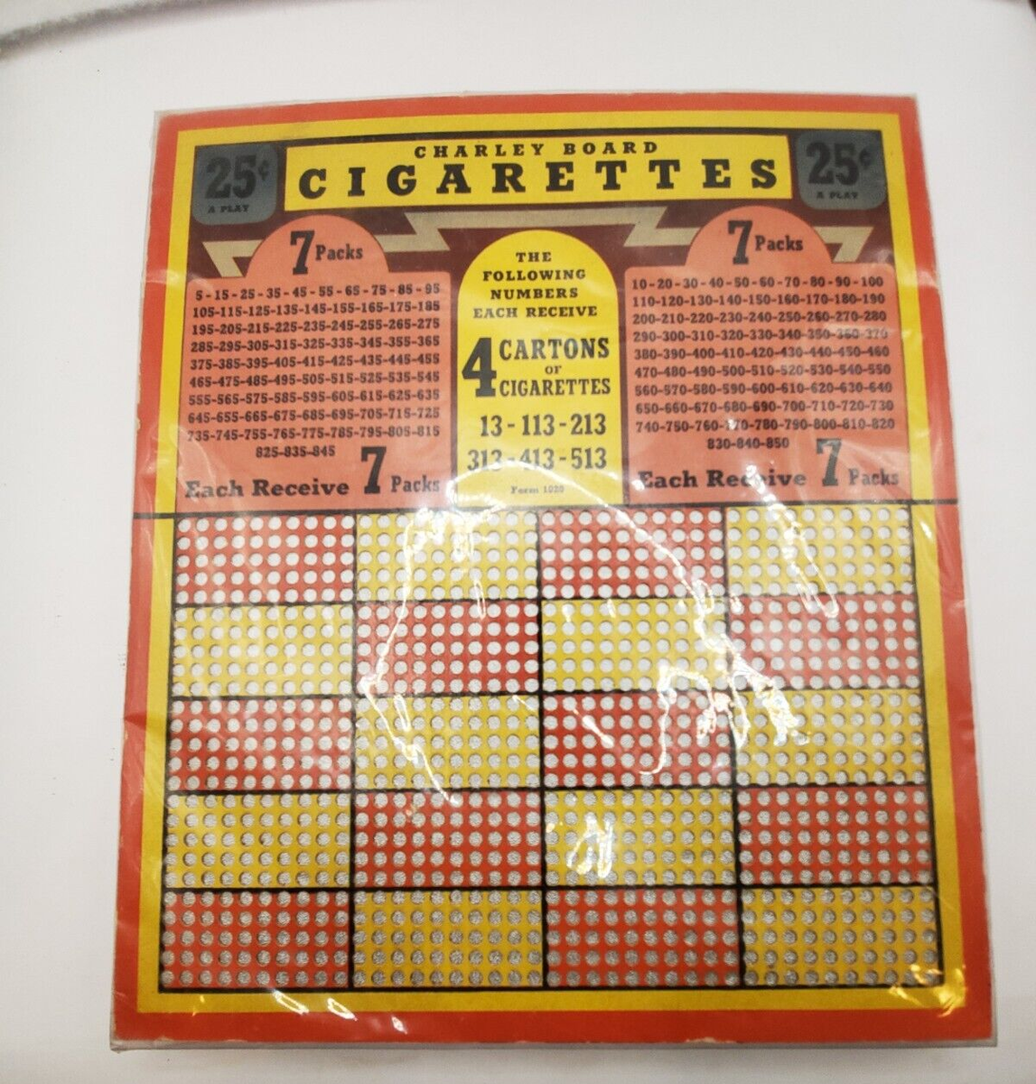 Vintage 1960s NOS Charley Board CIGARETTES Gambling Fundraiser Punchboard -  New