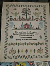 Large Vintage Finished Folk Art Cross Stitch Sampler with Poem Unframed 22" X 18