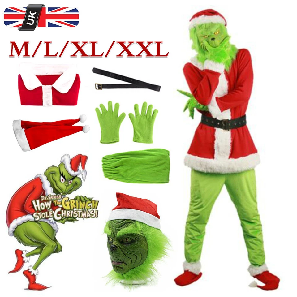 Christmas Santa Adult Mens Costume The Grinch Xmas Cosplay Fancy Dress Outfit UK
