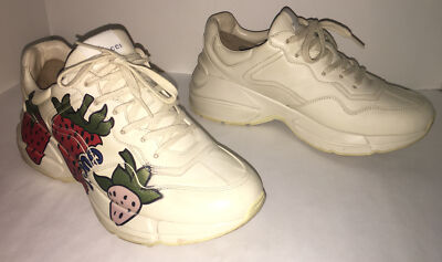 Gucci Rhyton Ivory Red Strawberry Leather Chunky Sneakers EU 41 US