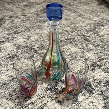 CC Zecchin Venezia Art Glass Rainbow Decanter Cobalt Stopper Italy Signed 12”