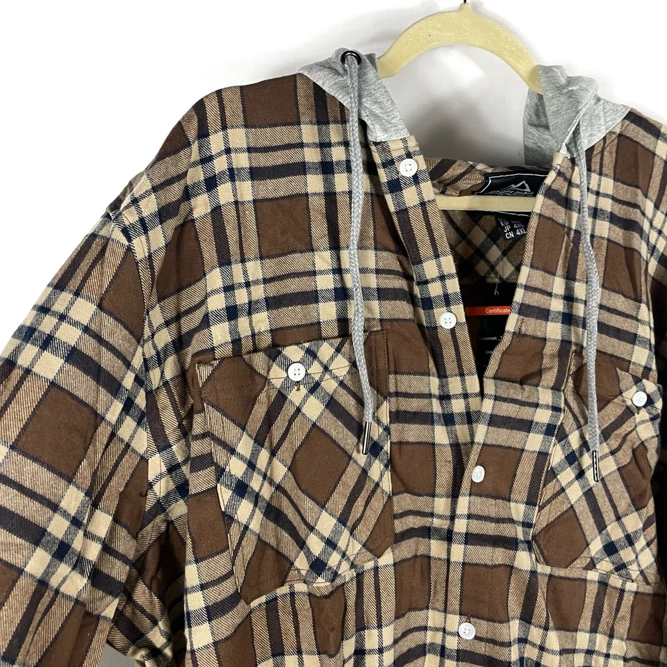 TacVasen Flannel Plaid Shirt Jacket Brown Hooded Shacket Layered Sz 2XL Men's - Image 4 of 4
