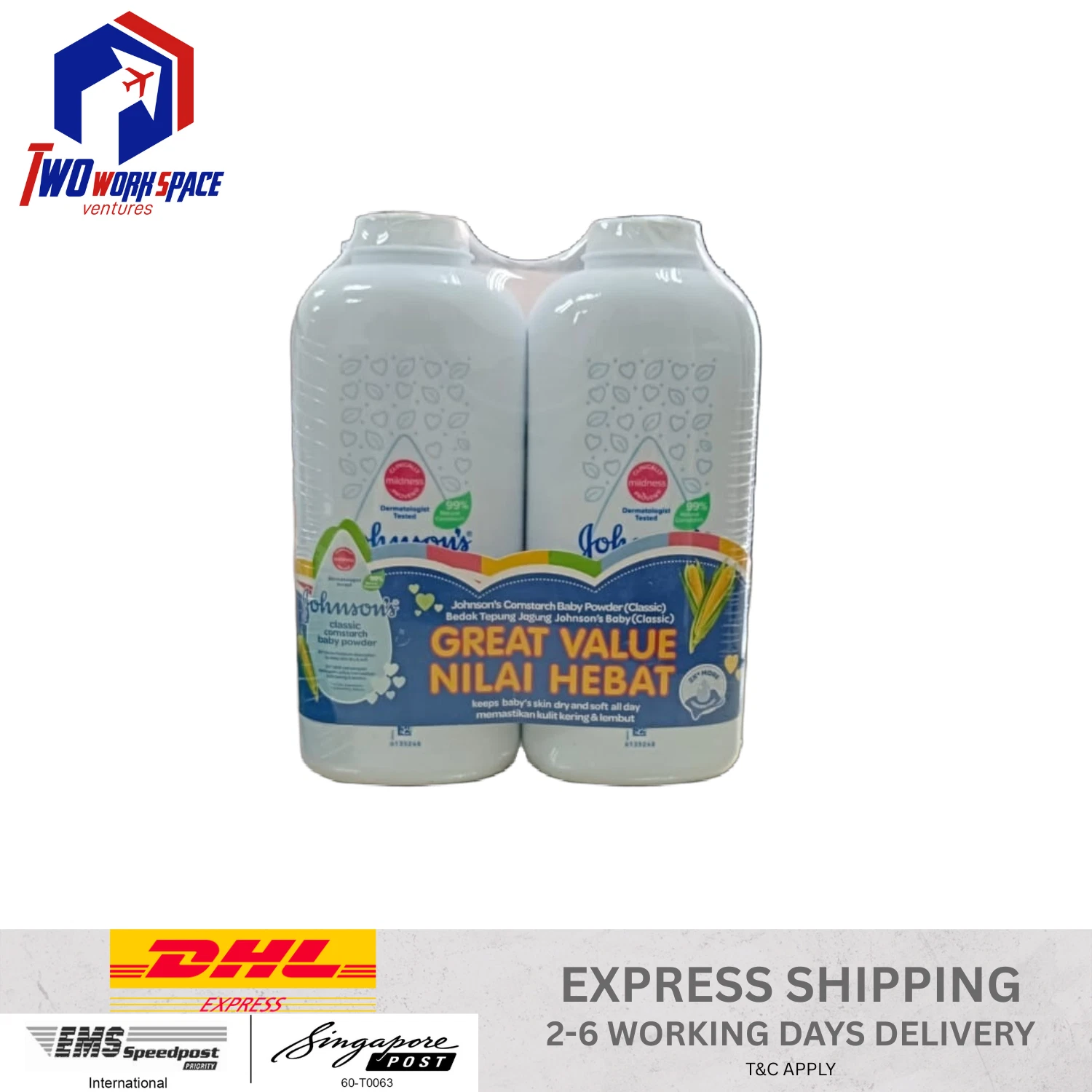 2 x 500g Johnson's Baby Powder Classic Cornstarch 500g / 17.6 oz