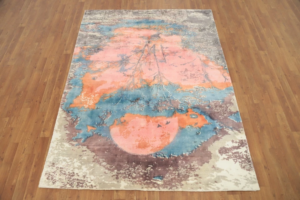 Alfombra inspirada en la naturaleza 5x7 hecha a mano infundida con diseño artístico de puesta de sol Foto 4 de 4